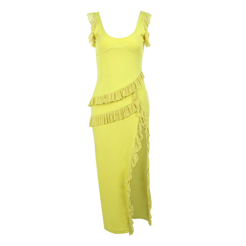 Ruffle Strap V-Neck Split Midi Dress - yellow