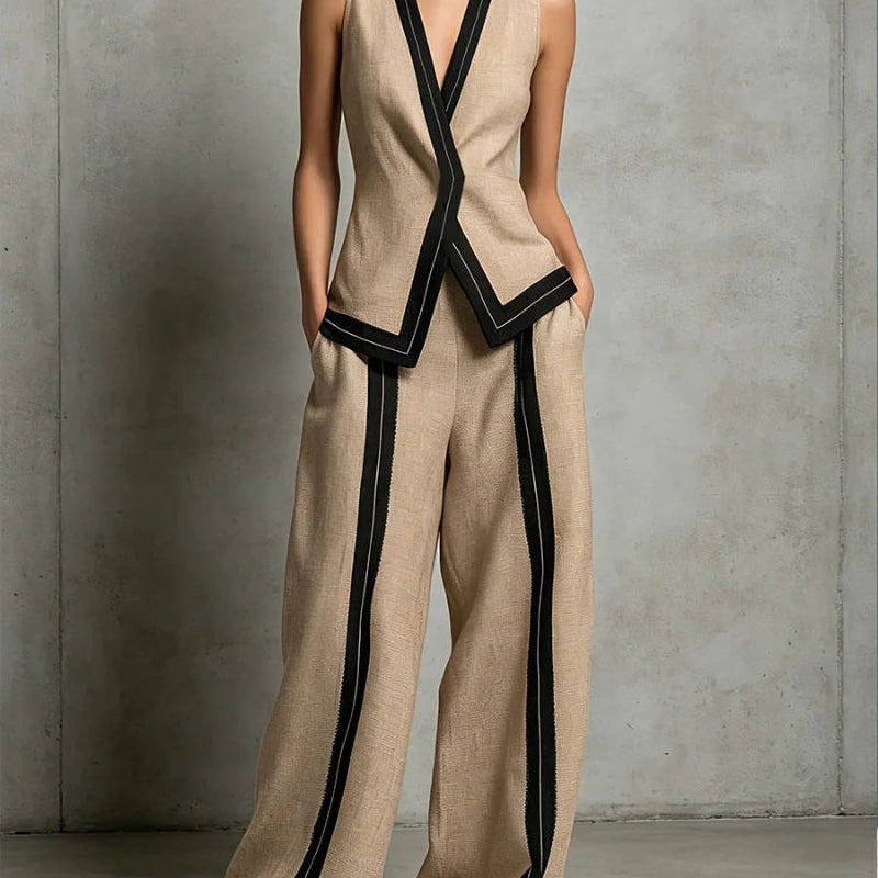 Contrast Trim Vest & Wide Leg Pants Set - khaki