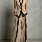 Contrast Trim Vest & Wide Leg Pants Set - khaki