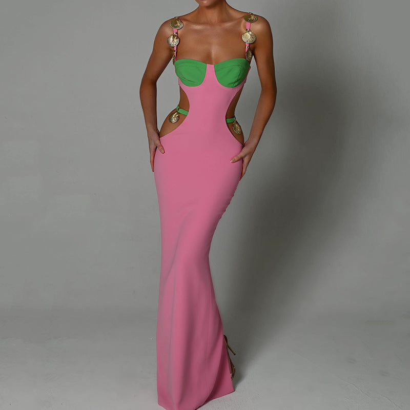 Colour Block Cut-Out Maxi Dress with Gold-Tone Details - pink