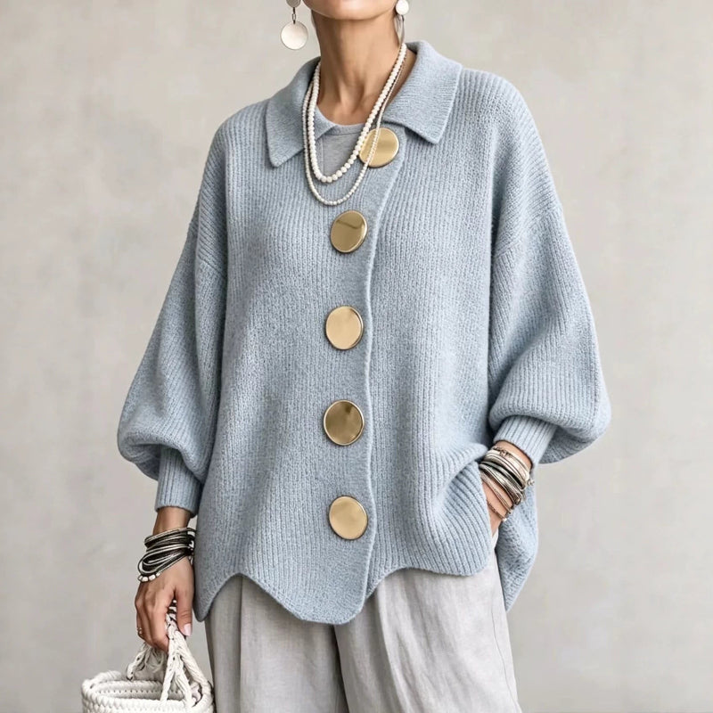 Collared Knit Sweater with Statement Buttons - light blue