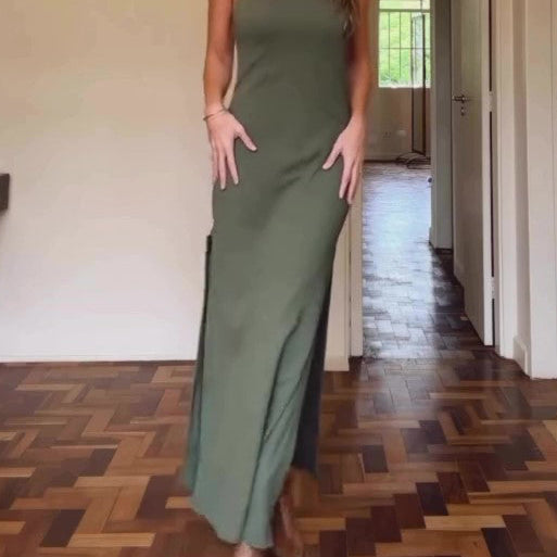Halter Neck Open Back Slit Maxi Dress