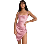 Satin Ruched Strappy Mini Dress - pink