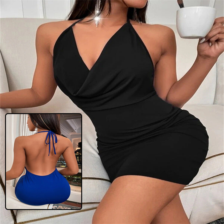 Crossover V-Neck Halter Tie-Back Body-Con Mini Dress