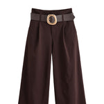 Chocolate Brown High-Waisted Wide-Leg Trousers With Belt