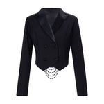 Black Backless Beaded Cropped Blazer & High Waist Pants Set