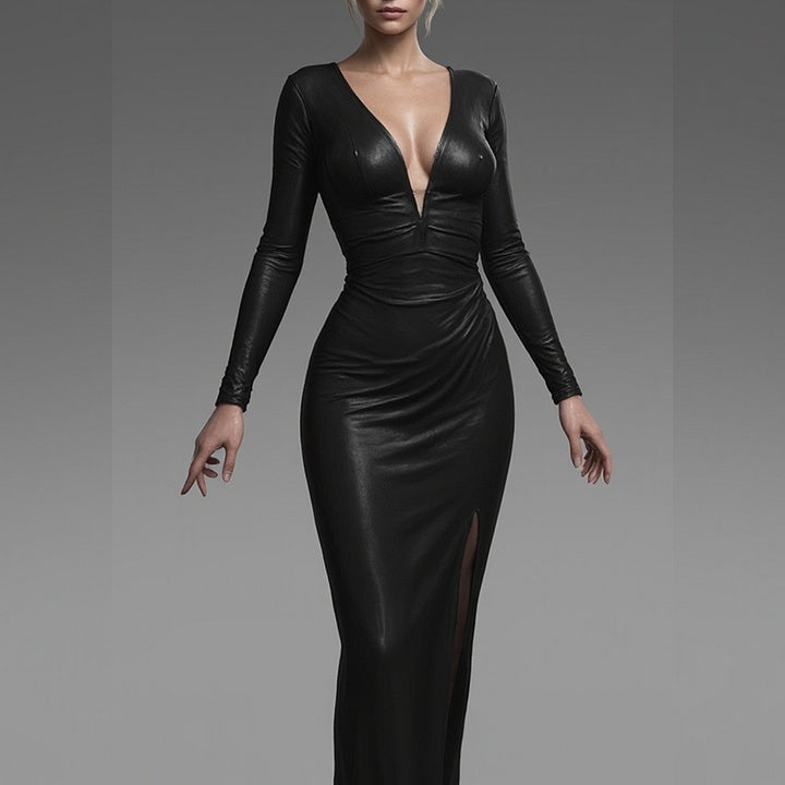 Black Deep V Backless Long Sleeve Maxi Dress