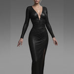Black Deep V Backless Long Sleeve Maxi Dress