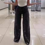 Y2K Lace Flowers Hollow Jeans - black