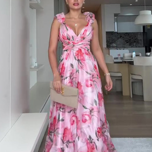 Floral Print Open Back Strap Maxi Dress