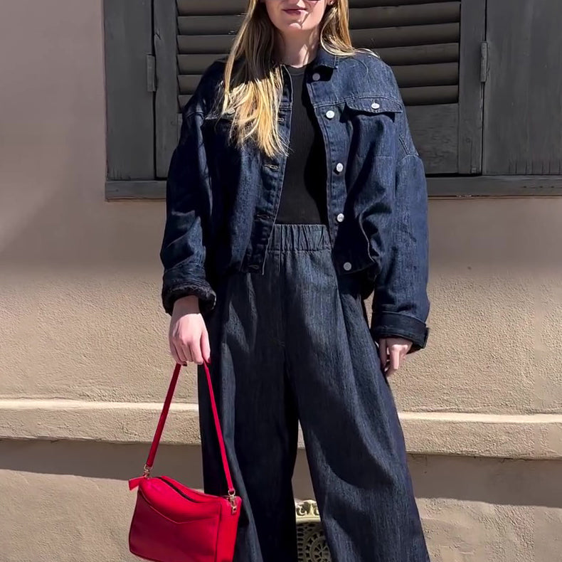 Dark Denim Oversized Jacket And Wide-Leg Pant Set