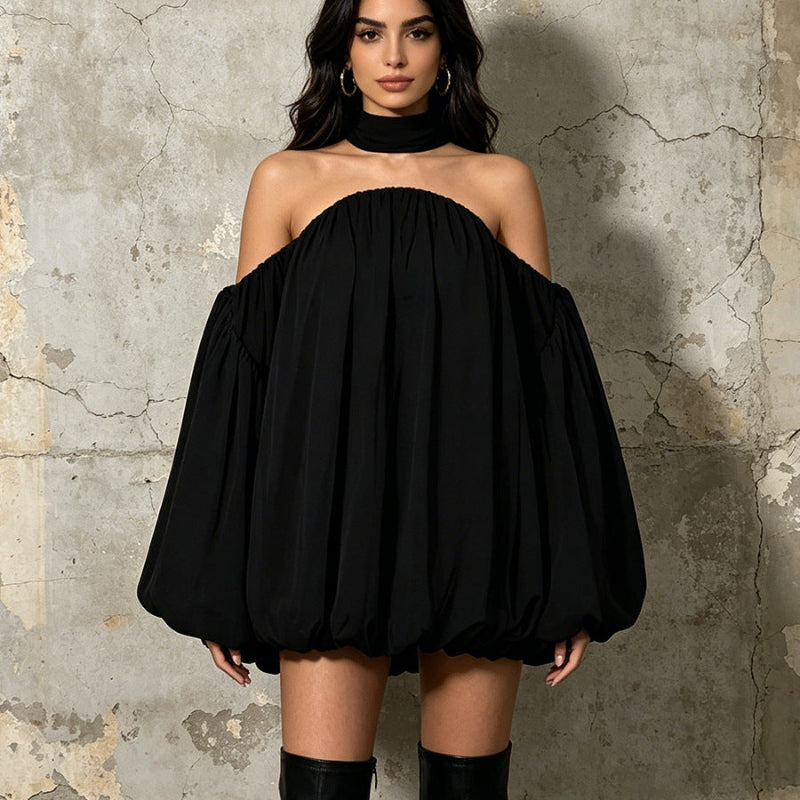 Detachable Choker Cold-Shoulder Balloon-Sleeve Bubble-Hem Mini Dress - back