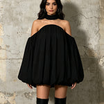 Detachable Choker Cold-Shoulder Balloon-Sleeve Bubble-Hem Mini Dress - back