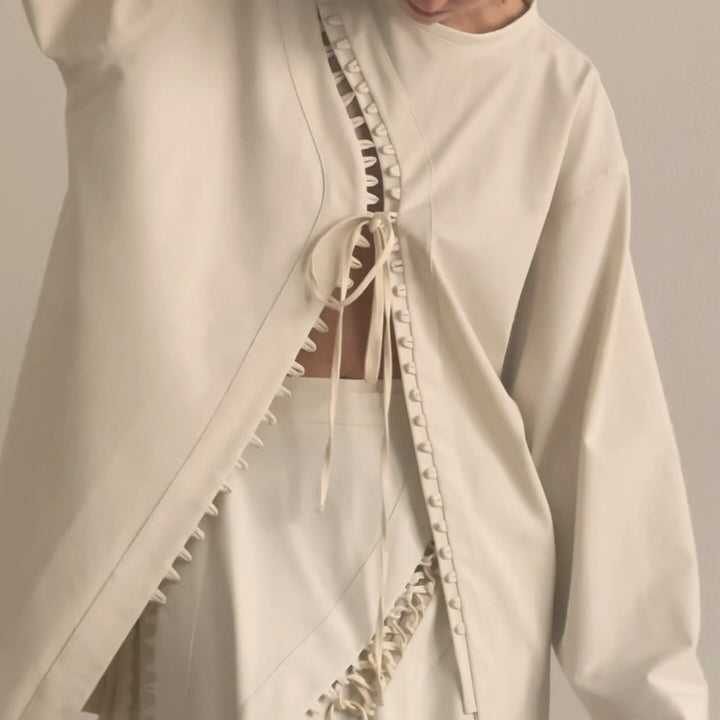 Cream Lace-Up Detail Top And Asymmetric Maxi Skirt Set