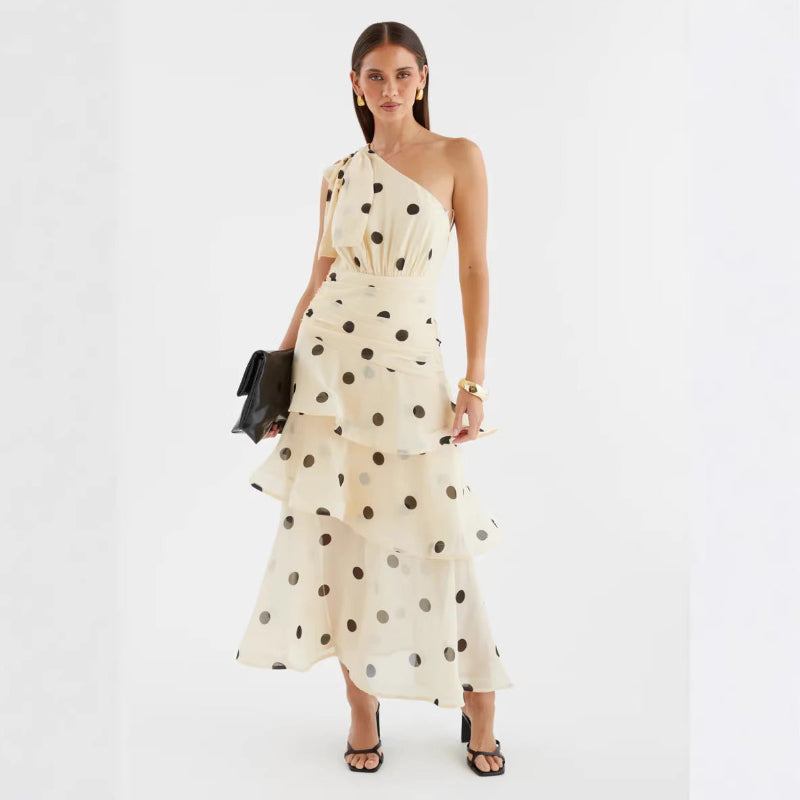 One-Shoulder Lace-Up Backless Large Polka-Dot Four-Tier Ruffle Chiffon Midi Dress — Apricot