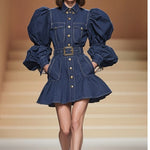 Puff Sleeve Belted Denim Shirt Dress Dark Blue Mini Silhouette