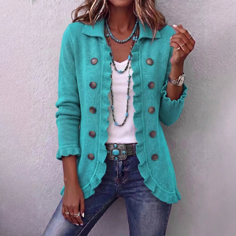 Double-Button Ruffle-Trim Knit Cardigan - blue