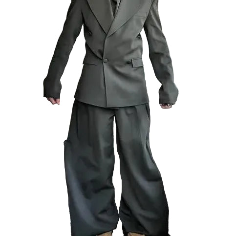 Olive Green Oversized Three-Piece Suit With Blazer, Waistcoat And Wide-Leg Pants