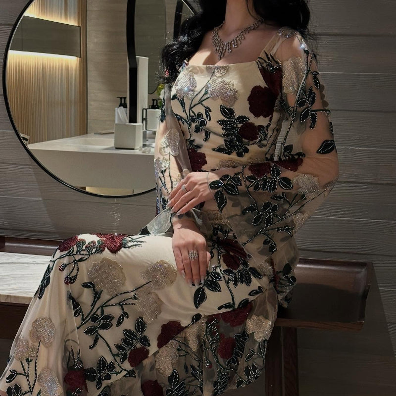 Mesh Floral Embroidered Long-sleeved Maxi Dress