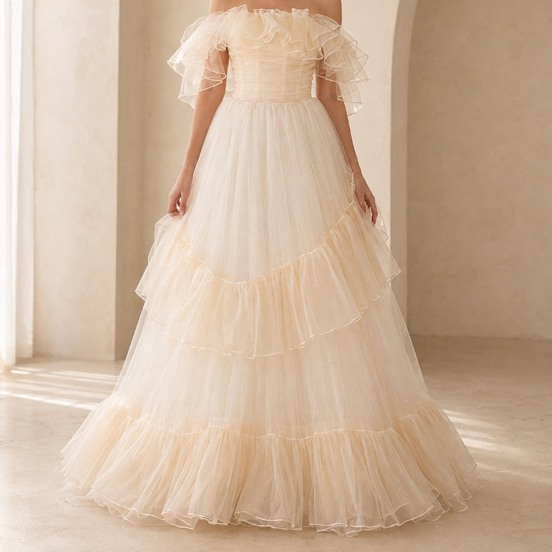 Champagne Off-Shoulder Double-Ruffle Corset-Bodice Tiered Tulle A-Line Floor-Length Maxi Gown