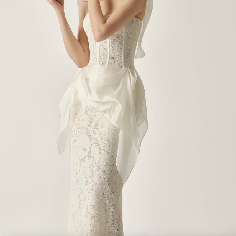 Cream Floral Lace Strapless Sweetheart Corset-Boned Detachable Asymmetric Ruffle-Overlay Midi Dress