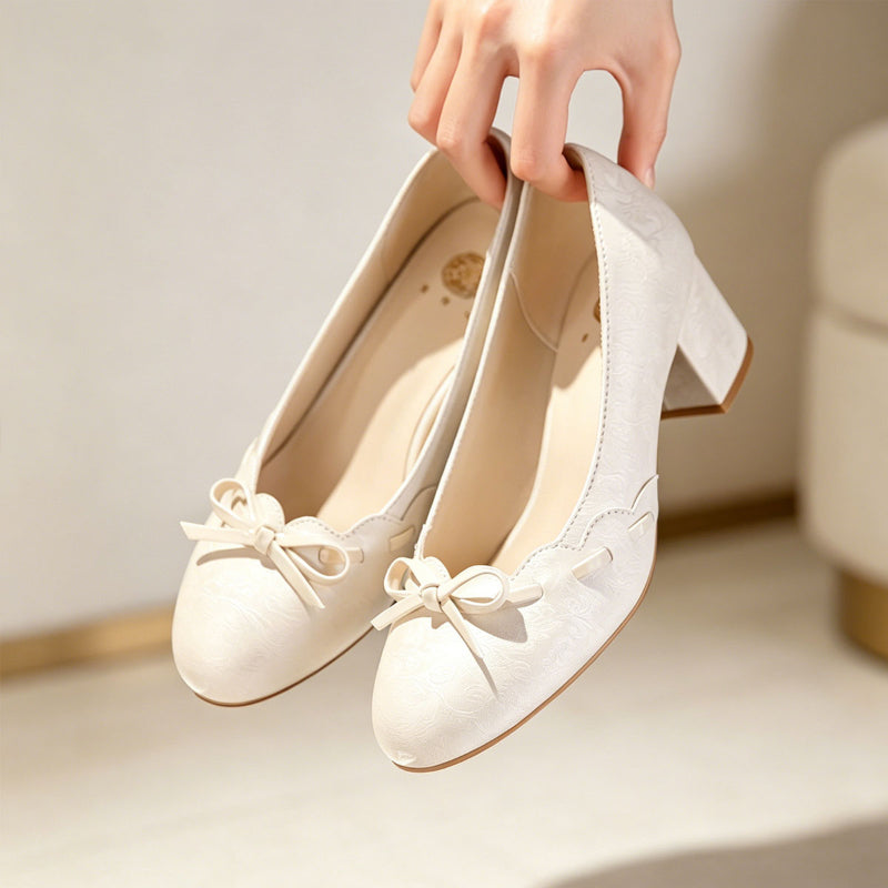 Gentle Satin Bow Block Heel Pumps - white
