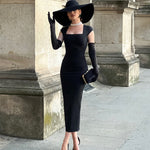 Black Square Neck Hip Wrap Midi Dress With Gloves