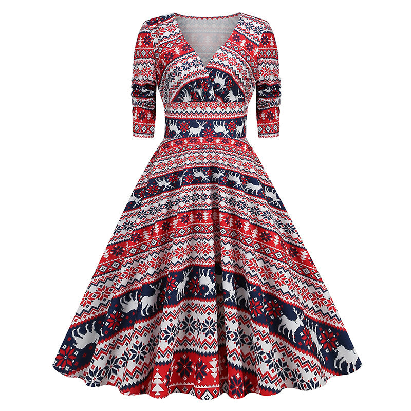 Snowflake Stripe V-Neck Midi Dress