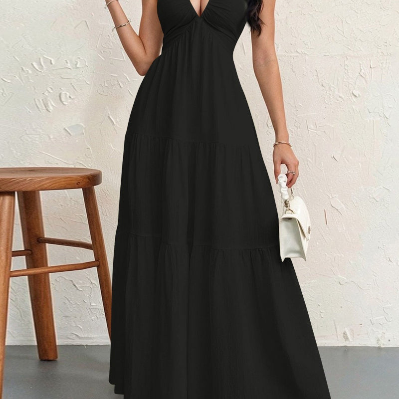 Backless Halterneck V-Neck Pleated A- Line Midi Dress - black