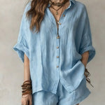 Single-Breasted Short-Sleeved Shirt Wide-Leg Shorts - blue