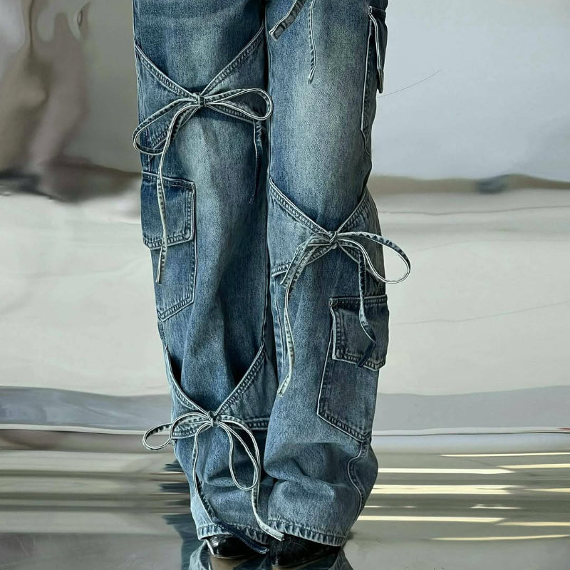 Denim Utility Jeans With Knot - Tied Elements