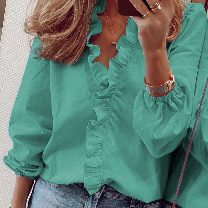 Elegant Long Sleeved Ruffled Lantern Blouse