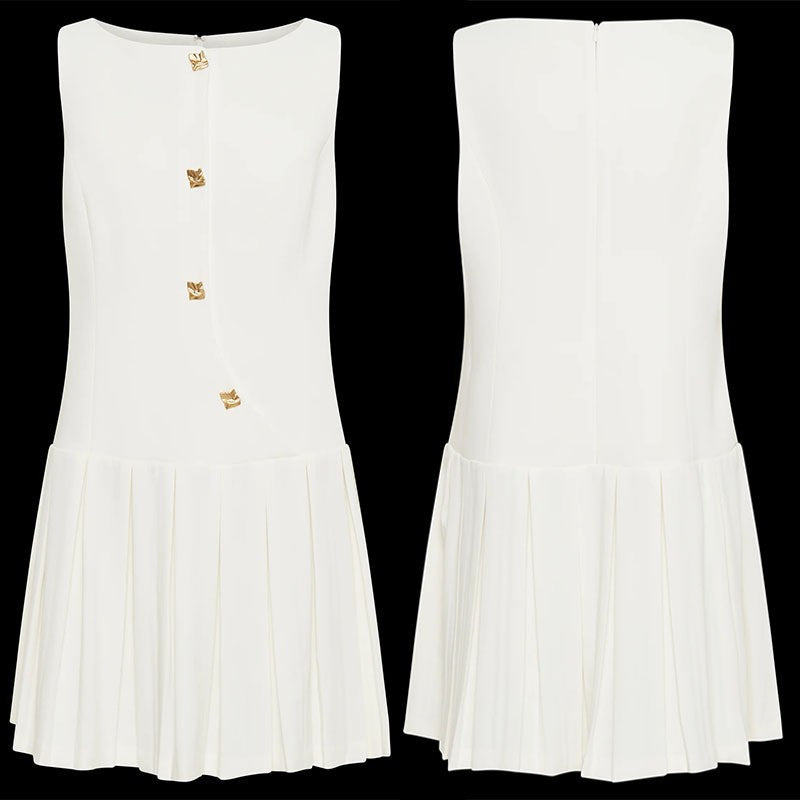 Elegant Sleeveless Pleated Dress - white