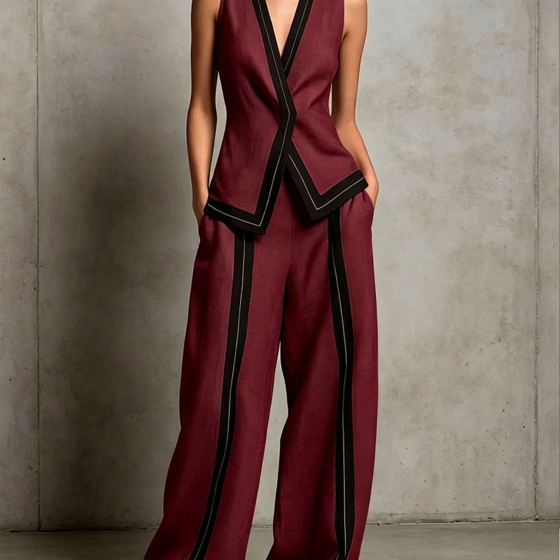 Contrast Trim Vest & Wide Leg Pants Set - wine red