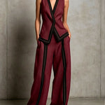 Contrast Trim Vest & Wide Leg Pants Set - wine red