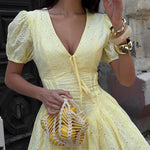 Fitted Waist Tie Embroidered Mini Dress