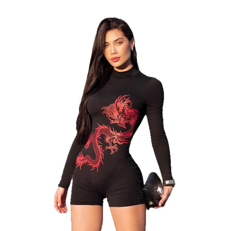 Woman wearing a black outfit with a red dragon design on a white background