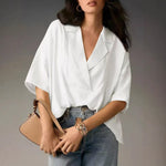 Casual Loose Short Sleeve Lapel Tops - white