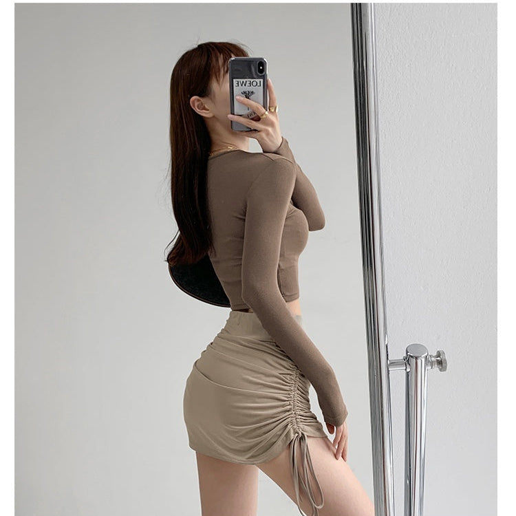 High-Waist Side-Drawstring Ruched Bodycon Mini Skirt — Black, Grey, Khaki & White