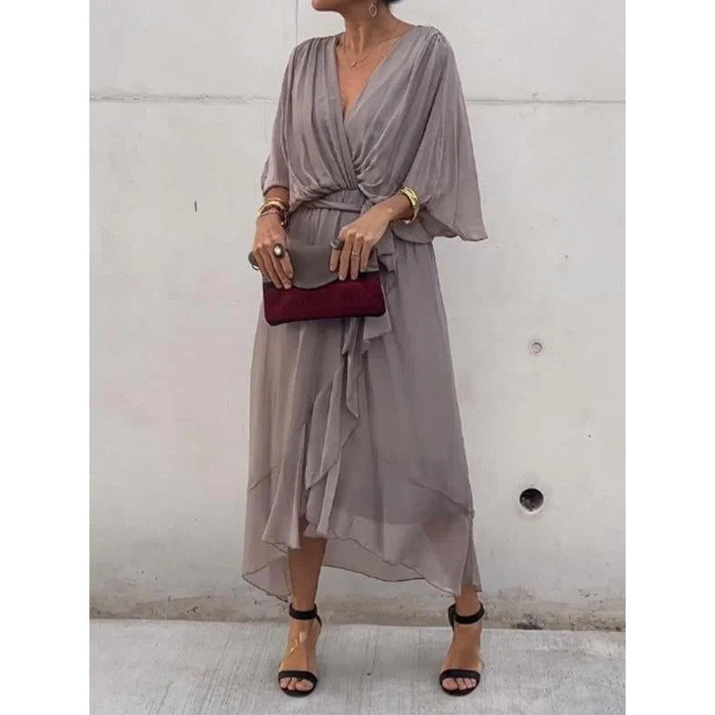 Batwing Sleeve V-neck Midi Dress - grey