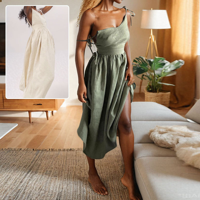 V-neck Suspender Split Midi Dress - green