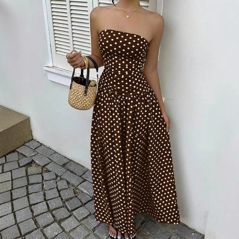 Elegant Polka-dot Off-shoulder Midi Dresses - brown