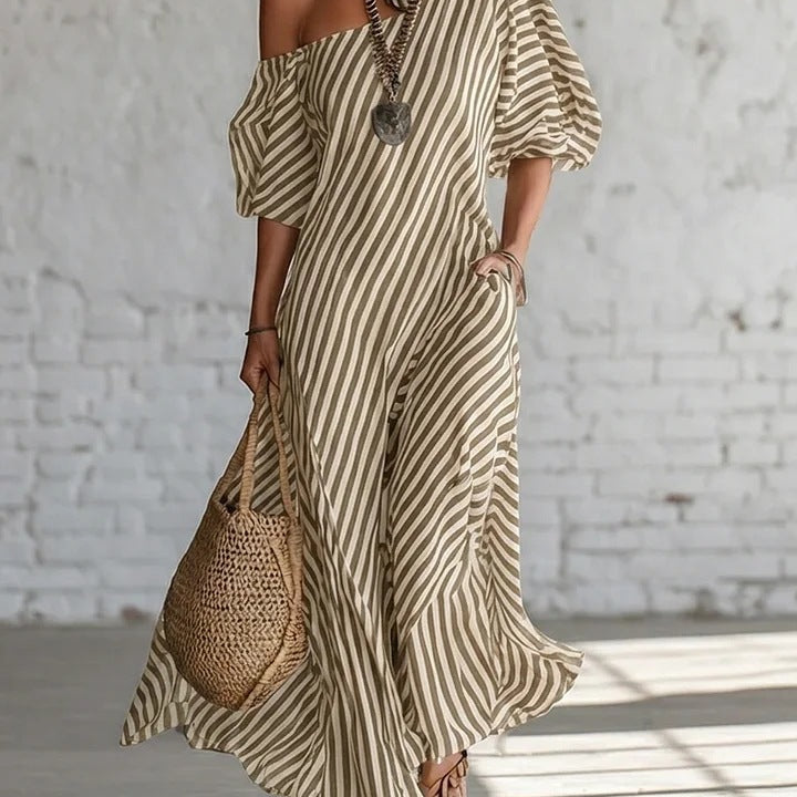 Striped Print Short-Sleeved Maxi Dress - brown