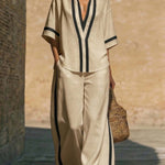Short Sleeve Top And Wide Leg Pants Two Piece Set - beige