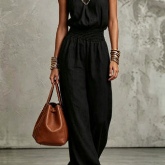 Halter Neck Shirred Waist Wide-Leg Jumpsuit - black
