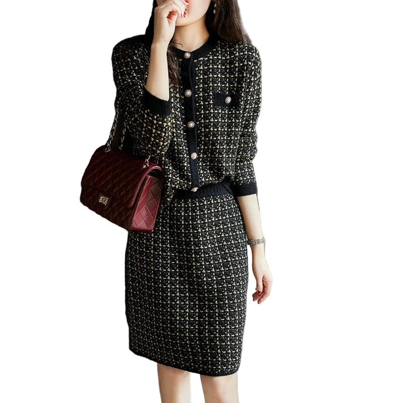 Textured Button-Front Jacket and Skirt Set - black