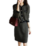 Textured Button-Front Jacket and Skirt Set - black