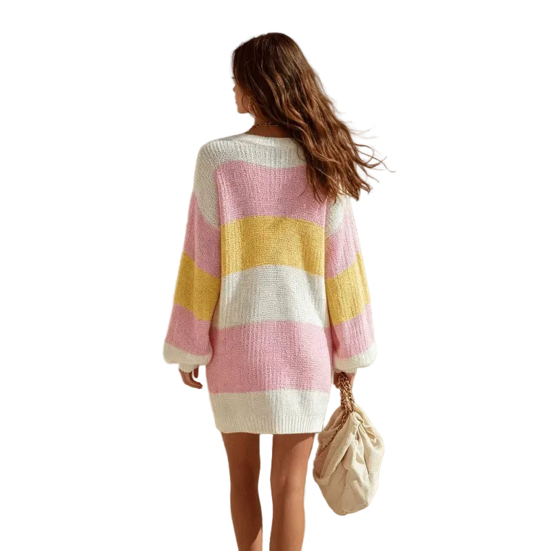 Pastel Striped V-Neck Knit Mini Dress