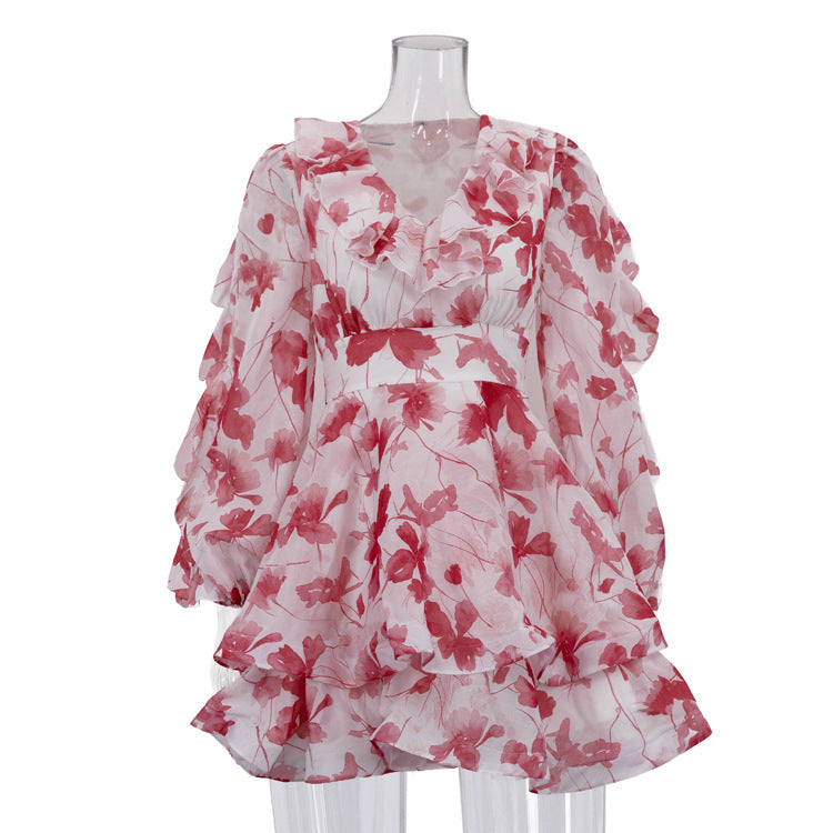 Floral Ruffle V-Neck Layered Mini Dress