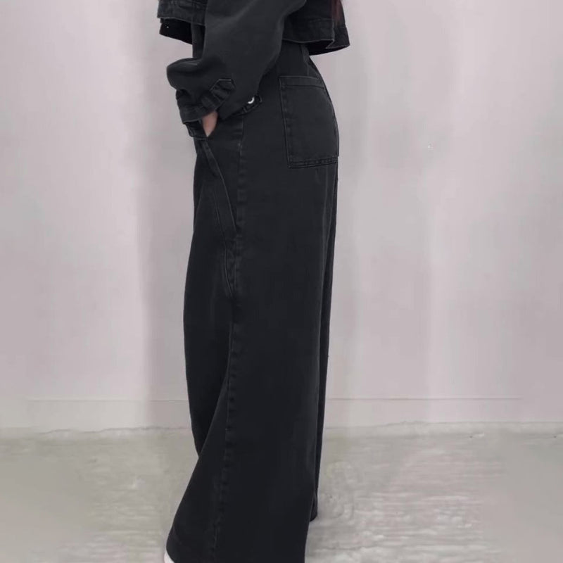 Denim Bandeau Zipper Jumpsuit & Jacket Set - black